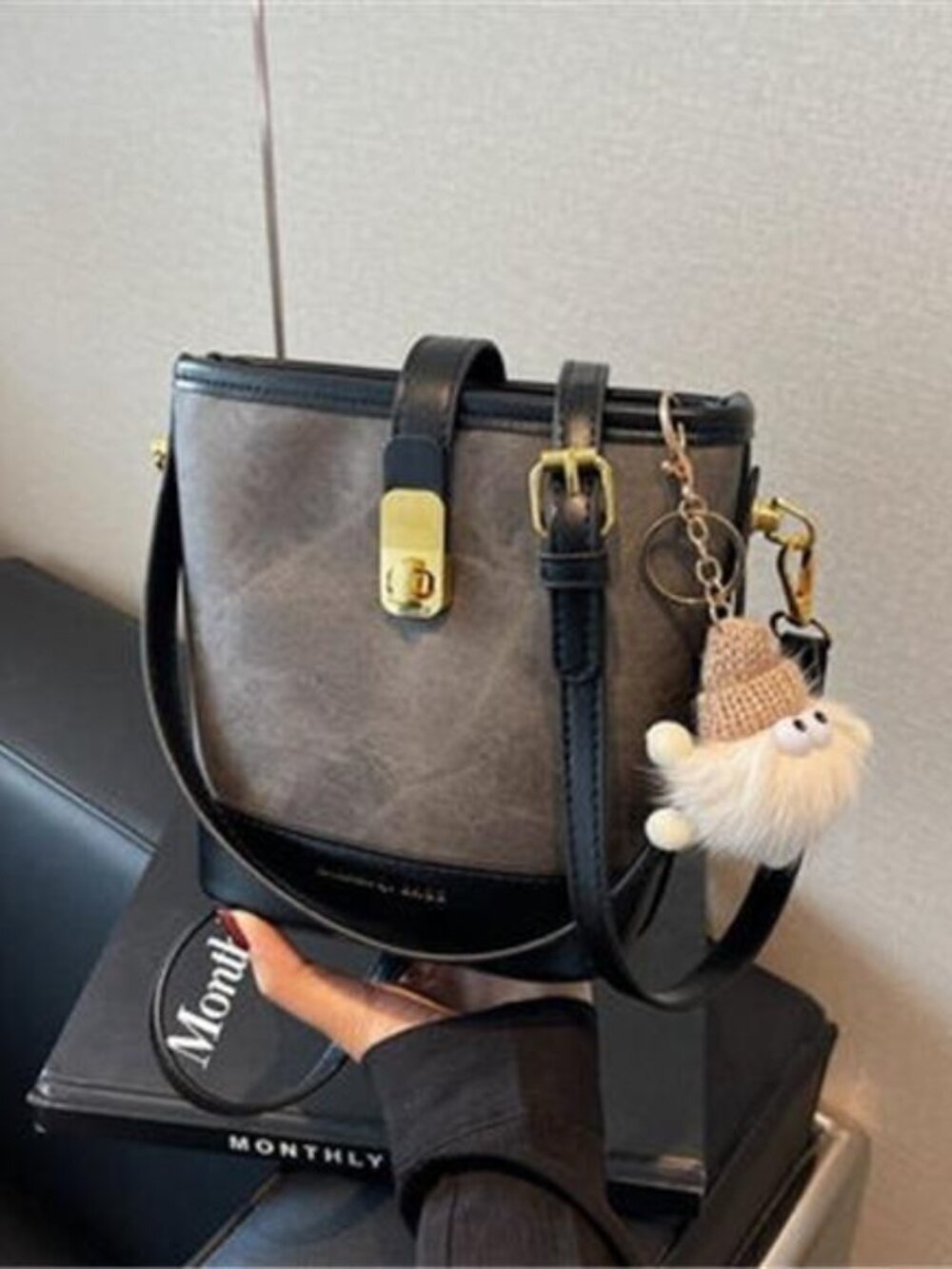 Vintage Bucket Crossbody Bag with Plush Charm